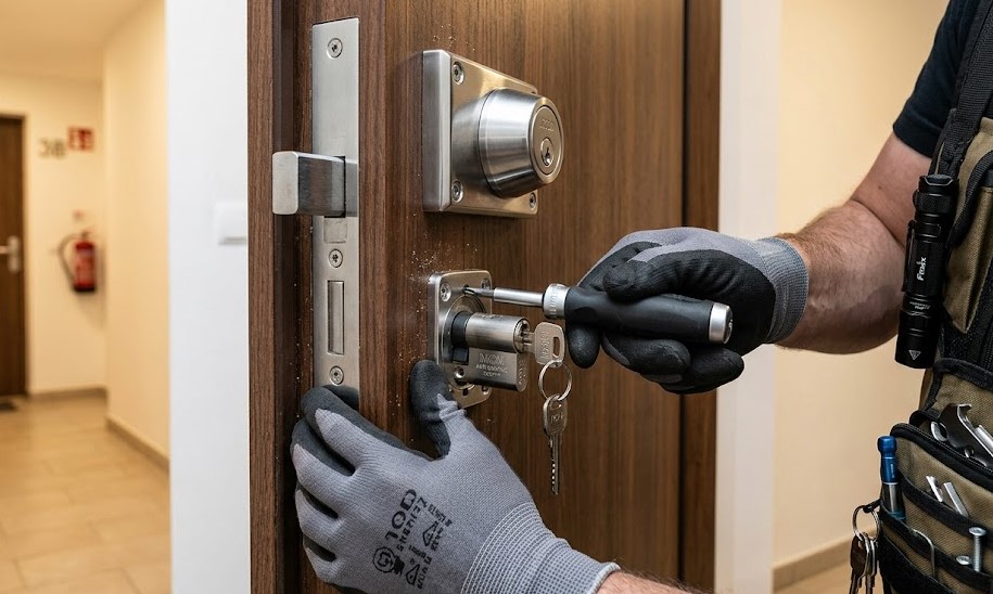 Técnico instalando cerradura anti-bumping en piso de Ciutat Meridiana, Barcelona